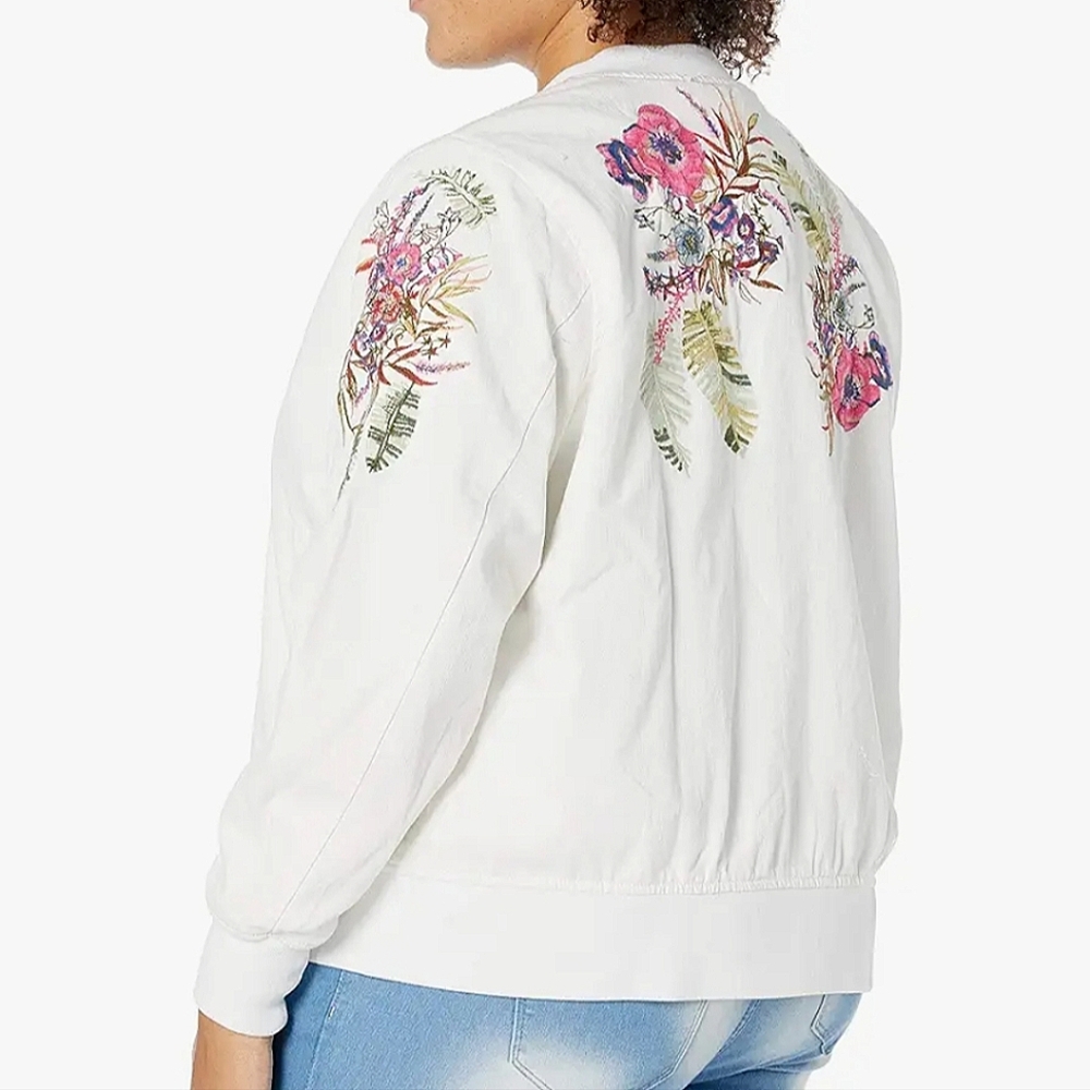 Rachel Roy Embroidered Floral Bomber Denim Jean Jacket White Zip Front Cotton 1X